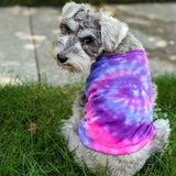 A dog wearing a pink and purple tie-dye tank top, sitting on grass.